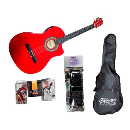 GUITARRA MCCARTNEY ELECTROACUSTICA ROJA SLIM CUERDAS DE ACE